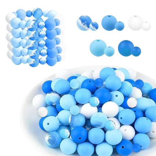 LUMOOM 100 Stück Silikonperlen Set, 9mm und 15mm Bunt Silikon Bastelperlen, Perlen zum Auffädeln mit Loch, für DIY Armbänder, Stifte, Schlüsselanhänger, Halsketten (Blau Weiß) von LUMOOM