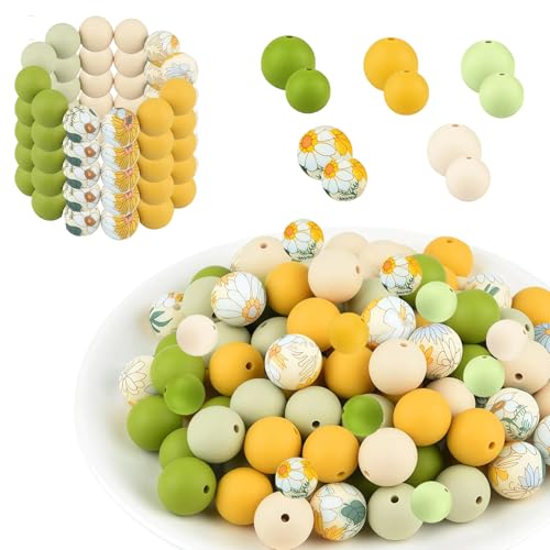 LUMOOM 100 Stück Silikonperlen Set, 9mm und 15mm Bunt Silikon Bastelperlen, Perlen zum Auffädeln mit Loch, für DIY Armbänder, Stifte, Schlüsselanhänger, Halsketten (Gelb Grün) von LUMOOM