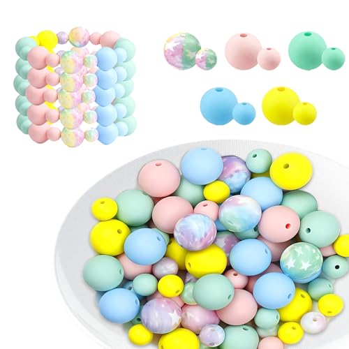 LUMOOM 100 Stück Silikonperlen Set, 9mm und 15mm Bunt Silikon Bastelperlen, Perlen zum Auffädeln mit Loch, für DIY Armbänder, Stifte, Schlüsselanhänger, Halsketten (Makkaronfarbe) von LUMOOM