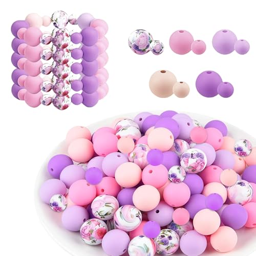 LUMOOM 100 Stück Silikonperlen Set, 9mm und 15mm Bunt Silikon Bastelperlen, Perlen zum Auffädeln mit Loch, für DIY Armbänder, Stifte, Schlüsselanhänger, Halsketten (Rosa Lila) von LUMOOM