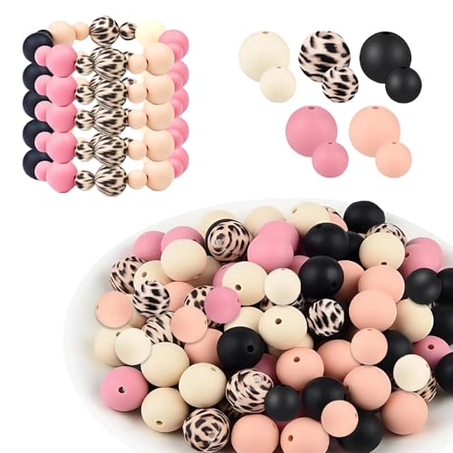 LUMOOM 100 Stück Silikonperlen Set, 9mm und 15mm Bunt Silikon Bastelperlen, Perlen zum Auffädeln mit Loch, für DIY Armbänder, Stifte, Schlüsselanhänger, Halsketten (Rosa Schwarz) von LUMOOM