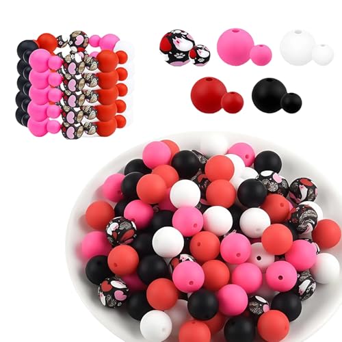 LUMOOM 100 Stück Silikonperlen Set, 9mm und 15mm Bunt Silikon Bastelperlen, Perlen zum Auffädeln mit Loch, für DIY Armbänder, Stifte, Schlüsselanhänger, Halsketten (Rot Schwarz) von LUMOOM