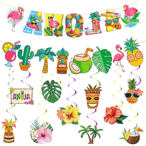 LUMOOM 12 Stück Hawaii Party Deko, Flamingo Banner und Aloha Girlande, Tropische Palmenblätter Dekoration für Strand Beach, Sommerparty & Tiki Gartenparty von LUMOOM