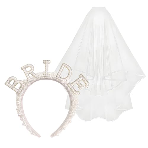 LUMOOM 2 Stück Bride Haarreif und Schleier, Elegante Perlen Tiara, Hochzeit Fotorequisiten Spiele Zubehör, JGA Accessoires Frauen, für Brautdusche, Verlobung, Bachelorette Party von LUMOOM