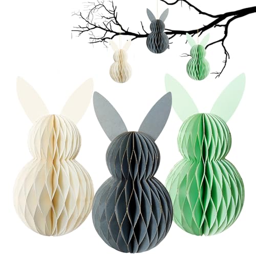 LUMOOM 3 Stück Osterdeko Wabenbälle, Osterhase Papier Faltbar, Wabenhase aus Seidenpapier, Aufhängen Osterhasen für Draußen, Wiederverwendbar Ostern Dekorieren (Gemischte Farbe) von LUMOOM