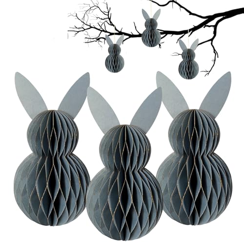 LUMOOM 3 Stück Osterdeko Wabenbälle, Osterhase Papier Faltbar, Wabenhase aus Seidenpapier, Aufhängen Osterhasen für Draußen, Wiederverwendbar Ostern Dekorieren (Grau) von LUMOOM