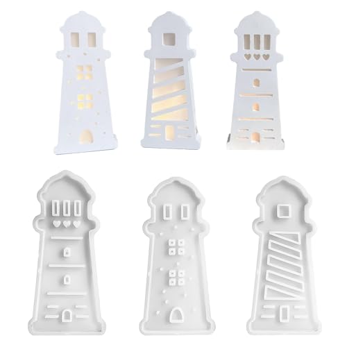 LUMOOM 3 Stück Silikonformen Gießformen Leuchtturm, Maritime Silikonform für Gips zum Gießen, Haus Gießform Sommer Maritim, DIY Lichthäuser Kerzen Wohnzimmer Dekoration, Silikon Haus Formen von LUMOOM