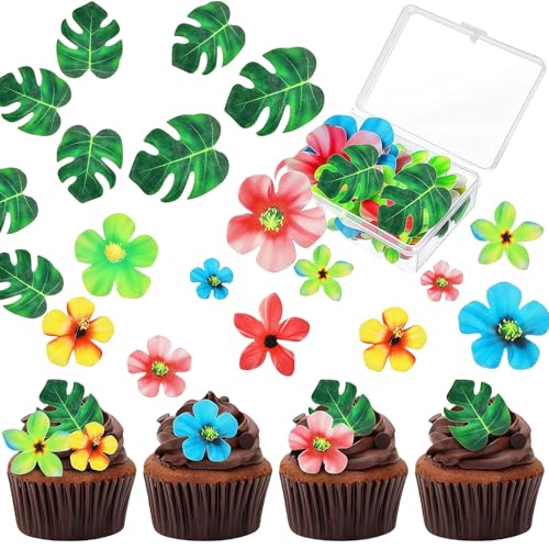LUMOOM 83 Stück Tortendeko Essbar, Dschungel Tortendeko, Essbare Tropische Schildkrötenblätter Cupcake Topper, Blumen Kuchen Deckel, für Hawaii Aloha Party von LUMOOM