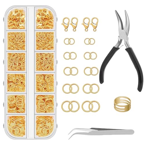 LUMOOM Biegeringe für Schmuckherstellung, 1200 Stück Set mit Schmuckzange und Pinzette, Halskettenreparatur, Sprungringe für Schmuck, für DIY Armbänder und Halsketten Handwerk (Gold) von LUMOOM