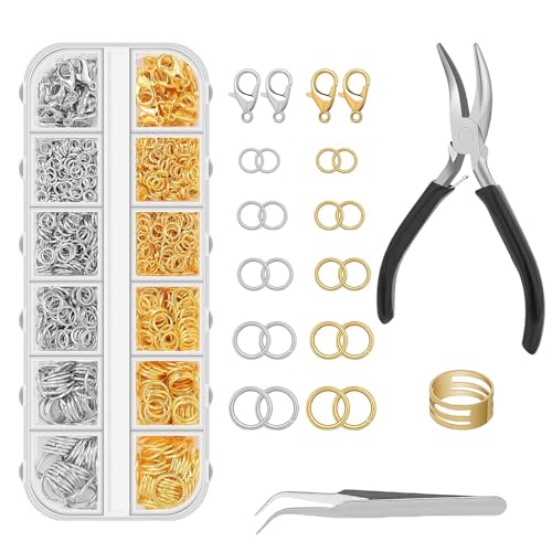 LUMOOM Biegeringe für Schmuckherstellung, 1200 Stück Set mit Schmuckzange und Pinzette, Halskettenreparatur, Sprungringe für Schmuck, für DIY Armbänder und Halsketten Handwerk (Gold und Silber) von LUMOOM