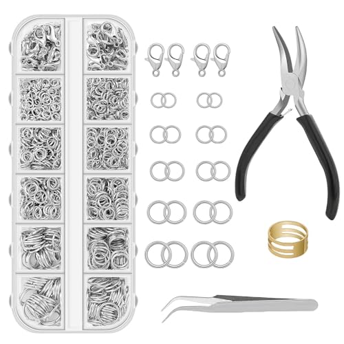 LUMOOM Biegeringe für Schmuckherstellung, 1200 Stück Set mit Schmuckzange und Pinzette, Halskettenreparatur, Sprungringe für Schmuck, für DIY Armbänder und Halsketten Handwerk (Silber) von LUMOOM