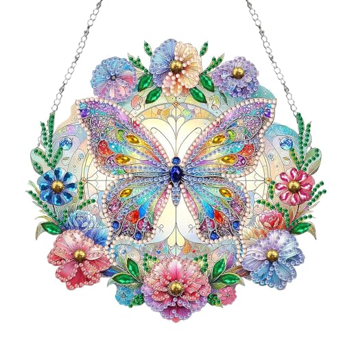 LUMOOM Diamond Painting Anhänger, Bastelset für Erwachsene 5D Diamond Painting Fensterbilder mit Kette, Diamant Hängende Schmetterling, für Fenster Wand und Eingang Decor (E) von LUMOOM