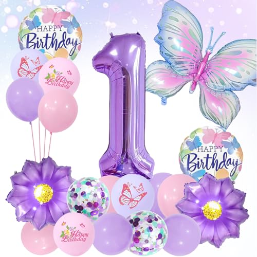 LUMOOM Schmetterling Deko Geburtstag Mädchen 1 Jahre, Geburtstagsdeko Luftballons Schmetterlinge Folienballon Zahlenballon, Lila Party Kindergeburtstag Dekoration für Kinder von LUMOOM