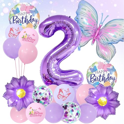 LUMOOM Schmetterling Deko Geburtstag Mädchen 2 Jahre, Geburtstagsdeko Luftballons Schmetterlinge Folienballon Zahlenballon, Lila Party Kindergeburtstag Dekoration für Kinder von LUMOOM