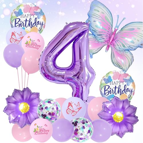 LUMOOM Schmetterling Deko Geburtstag Mädchen 4 Jahre, Geburtstagsdeko Luftballons Schmetterlinge Folienballon Zahlenballon, Lila Party Kindergeburtstag Dekoration für Kinder von LUMOOM
