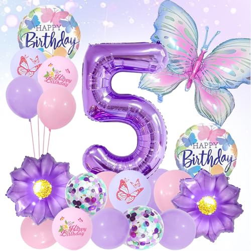 LUMOOM Schmetterling Deko Geburtstag Mädchen 5Jahre, Geburtstagsdeko Luftballons Schmetterlinge Folienballon Zahlenballon, Lila Party Kindergeburtstag Dekoration für Kinder von LUMOOM