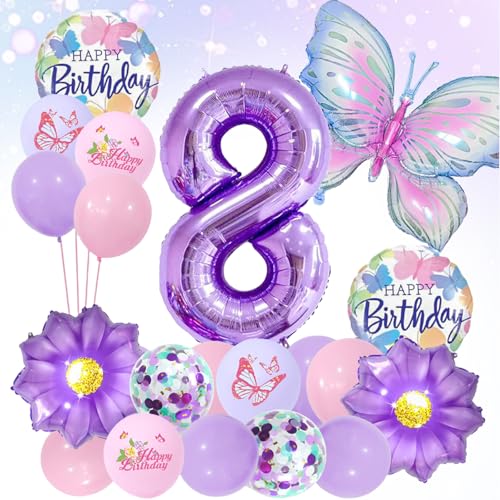 LUMOOM Schmetterling Deko Geburtstag Mädchen 8 Jahre, Geburtstagsdeko Luftballons Schmetterlinge Folienballon Zahlenballon, Lila Party Kindergeburtstag Dekoration für Kinder von LUMOOM