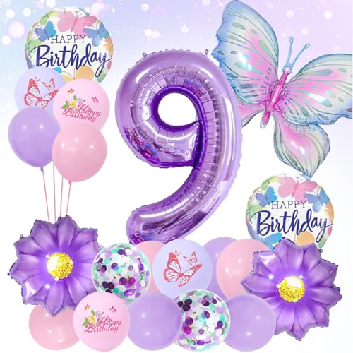 LUMOOM Schmetterling Deko Geburtstag Mädchen 9 Jahre, Geburtstagsdeko Luftballons Schmetterlinge Folienballon Zahlenballon, Lila Party Kindergeburtstag Dekoration für Kinder von LUMOOM