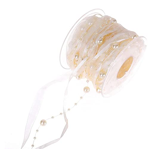 LUMoony 10M Perlengirlande mit Organza Perlengirlande Perlenkette Perlenschnur Geschenkband Schleifenband mit Perlen Deko Hochzeit Dekoband für Hochzeit Weihnachten Taufe Geburtstagsgeschenke von LUMoony