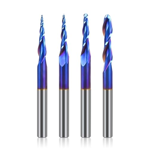LUNYEE 4 x konische Kugelnasen-Set, Spiralfräser-Bits, 6,35 mm Schaft, 0,6 cm, 1/8 Zoll, 1/16 Zoll, 1/32 Zoll Schnittdurchmesser, 7,6 cm Überlänge, Schaftfräser, Spiralfräser mit NACO-blauer LUNYEE 4 x konische Kugelnasen-Set, Spiralfräser-Bits, 6,35 mm Schaft, 0,6 cm, 1/8 Zoll, 1/16 Zoll, 1/32 Zoll Schnittdurchmesser, 7,6 cm Überlänge, Schaftfräser, Spiralfräser mit NACO-blauer von LUNYEE
