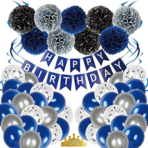 Geburtstagsdeko, Marineblau Silber Party Deko Geburtstag für Mann Frauen, Birthday Dekorations mit Happy Birthday Girlande, Konfetti Luftballons Geburtstag Dekoration von LUOBITO