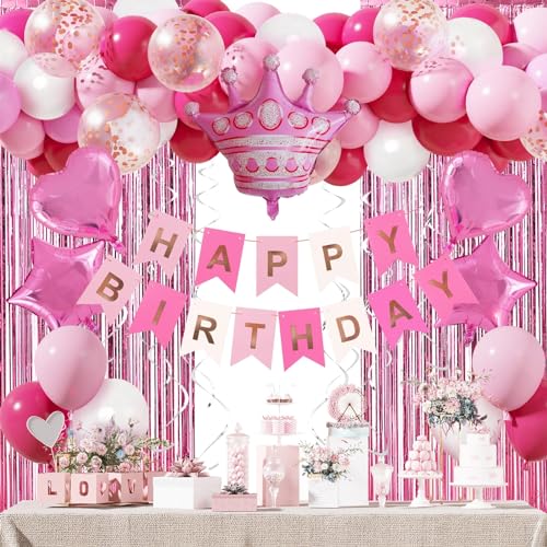 Geburtstagsdeko Rosa, Geburtstag Party Deko für Mädchen Frauen, Pink Luftballons Geburtstag Dekoration mit Happy Birthday Girlande, Fringe Curtain Geburtstag Hintergrund, Konfetti Ballons von LUOBITO