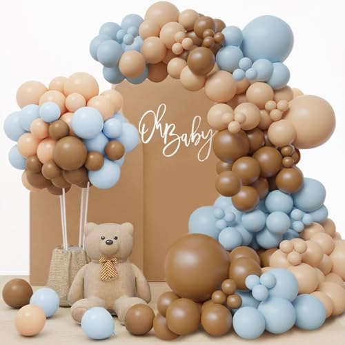 Luftballon Girlande Braun Blau, 147P Stück Nude Kaffee Pastell Blau Boho Neutral Ballons Girlande, Baby Shower Dekorationen für Jungen Gender Reveal Geburtstag Hochzeit Party Dekoration von LUOBITO