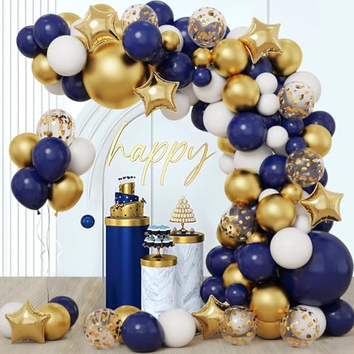 Luftballon Girlande Dunkel Blau, 128 Stück Ballon Girlande Navy Blue Gold weiße mit Metallic Konfetti Ballons, 18 12 10 5 Zoll Latex Ballons für Geburtstag Graduation Jubiläum Neujahr Party Dekoration von LUOBITO