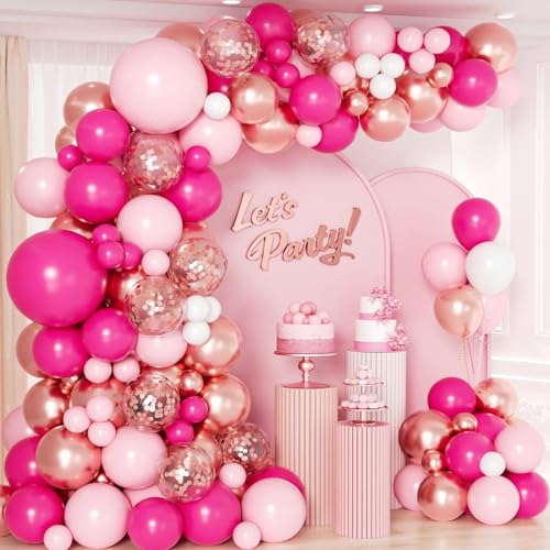 Luftballon Girlande Rosa, 135 Stück Ballons Girlande Hot Rosa Weiß Rose Gold, Luftballons Rosa Rot für Geburtstag Hochzeit Babyparty Brautparty Valentine Prinzessin Party Dekoration von LUOBITO