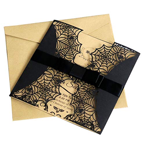 10 x kreative lasergeschnittene Halloween-Einladungskarten mit hohlem Horror-Party-Einladungskarten, Spinnennetz-Design, Karten mit Schleifen, Schwarz von LUOEM