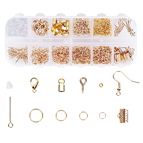 Schmuckherstellung Set, 800 Stücke Schmuck Basteln zubehör Starter Kit mit Sprung Ringe und Karabinerverschluss Ohrringhaken usw, für DIY Bastelbedarf und Reparatur Halskette, Armband, Ohrringe (Gold) von LUOGE