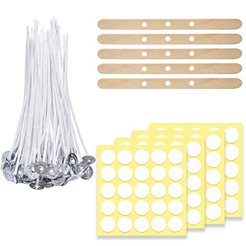 100 Stück 12 cm Kerzendocht Cotton Candle Wick für die Kerzenherstellung Candle DIY mit 5 Holzdochthaltern und 100 Dochtaufklebern von LUOHONG