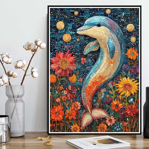 Diamond Painting Delphin Diamond Painting XXL 90x120cm, 5D Crystal Art Blumen Muster DIY Runden Steine Vollbohrer Mosaik Bastelset Erwachsene für Zimmer Deko Wohnzimmer, Geschenke -ly2508229321 von LUOLYYEI