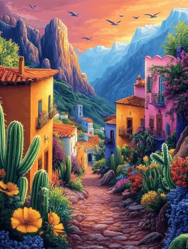 Diamond Painting Erwachsene, Diamond Painting Häuser Crystal Art Kaktus Muster 5D DIY Diamant Malerei Cross Stitch Stickerei Basteln Erwachsene Set für Deko Wohnzimmer, Geschenke 100×135cm -ly25082M6 von LUOLYYEI