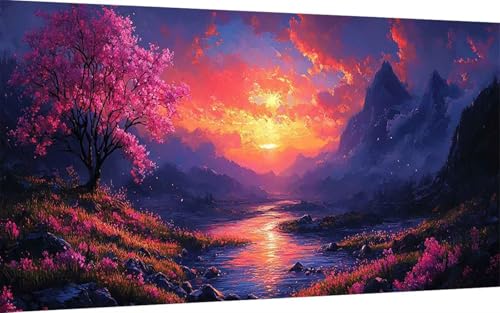 Diamond Painting Erwachsene, Diamond Painting Sonnenuntergang Crystal Art Berg Muster 5D DIY Diamant Malerei Cross Stitch Stickerei Basteln Erwachsene Set für Deko Wohnzimmer 60x120cm -ly250742 von LUOLYYEI