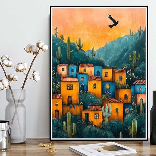 Diamond Painting Häuser Diamond Painting XXL 100x135cm, 5D Crystal Art Kaktus Muster DIY Runden Steine Vollbohrer Mosaik Bastelset Erwachsene für Zimmer Deko Wohnzimmer, Geschenke -ly250820PN4W von LUOLYYEI