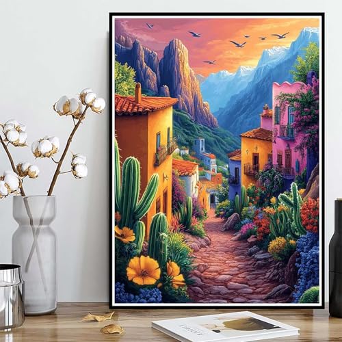 Diamond Painting Häuser Diamond Painting XXL 30×40cm, 5D Crystal Art Kaktus Muster DIY Runden Steine Vollbohrer Mosaik Bastelset Erwachsene für Zimmer Deko Wohnzimmer, Geschenke für Frauen -ly25082Z1 von LUOLYYEI