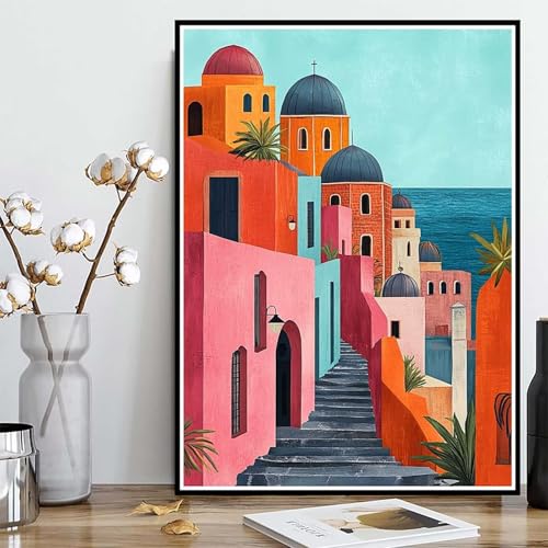 Diamond Painting Häuser Diamond Painting XXL 40x50cm, 5D Crystal Art Meer Muster DIY Runden Steine Vollbohrer Mosaik Bastelset Erwachsene für Zimmer Deko Wohnzimmer, Geschenke für Frauen -ly25082S0 von LUOLYYEI