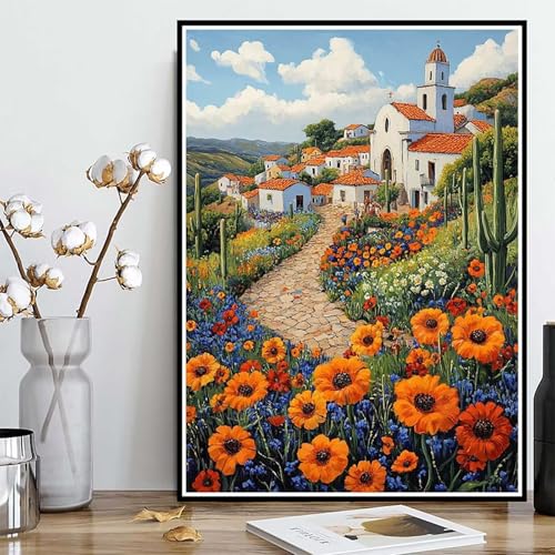 Diamond Painting Häuser Diamond Painting XXL 90x120cm, 5D Crystal Art Blumen Muster DIY Runden Steine Vollbohrer Mosaik Bastelset Erwachsene für Zimmer Deko Wohnzimmer, Geschenke für Frauen -ly250824Q von LUOLYYEI