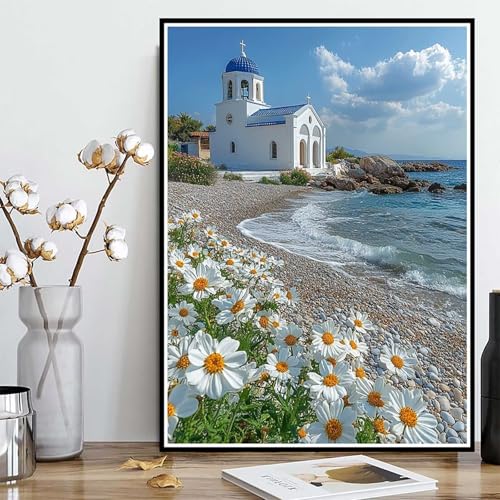 Diamond Painting Kirche Diamond Painting XXL 90x120 cm, 5D Crystal Art Meer Muster DIY Runden Steine Vollbohrer Mosaik Bastelset Erwachsene für Zimmer Deko Wohnzimmer, Geschenke für Frauen -ly25082MT von LUOLYYEI