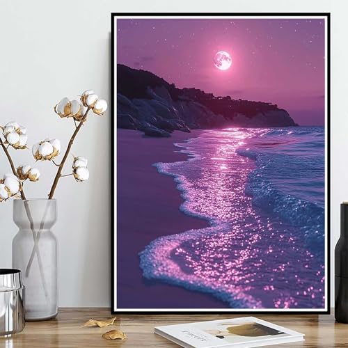 Diamond Painting Meer Diamond Painting XXL 50×70cm, 5D Crystal Art Mond Muster DIY Runden Steine Vollbohrer Mosaik Bastelset Erwachsene für Zimmer Deko Wohnzimmer, Geschenke für Frauen -ly2508266 von LUOLYYEI