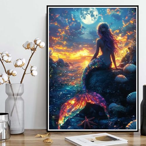 Diamond Painting Meerjungfrau Diamond Painting XXL 50x70 cm, 5D Crystal Art Mond Muster DIY Runden Steine Vollbohrer Mosaik Bastelset Erwachsene für Zimmer Deko Wohnzimmer, Geschenke -ly25082G9 von LUOLYYEI