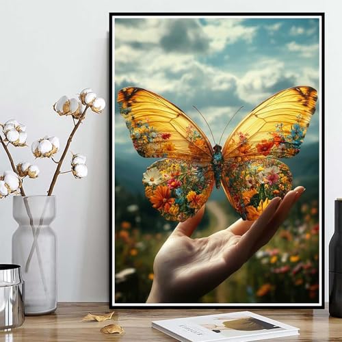 Diamond Painting Schmetterling Diamond Painting XXL 60×80cm, 5D Crystal Art Blume Muster DIY Runden Steine Vollbohrer Mosaik Bastelset Erwachsene für Zimmer Deko Wohnzimmer, Geschenke -ly25082YX von LUOLYYEI