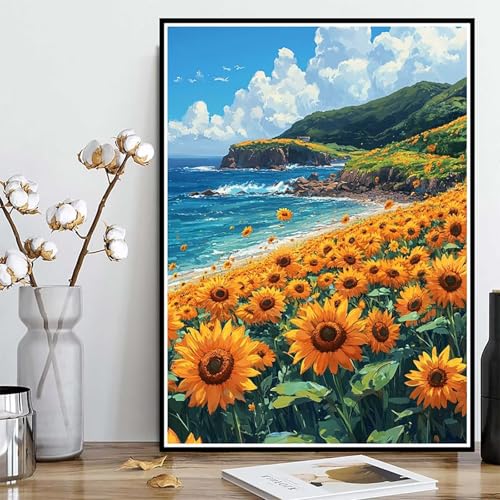 Diamond Painting Sonnenblume Diamond Painting XXL 50x70cm, 5D Crystal Art Meer Muster DIY Runden Steine Vollbohrer Mosaik Bastelset Erwachsene für Zimmer Deko Wohnzimmer, Geschenke -ly25082QY71P von LUOLYYEI