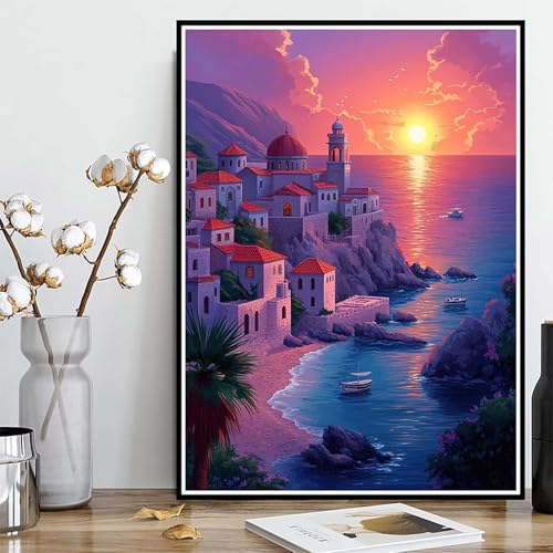 Diamond Painting Sonnenuntergang Diamond Painting XXL 30×40cm, 5D Crystal Art Häuser Muster DIY Runden Steine Vollbohrer Mosaik Bastelset Erwachsene für Zimmer Deko Wohnzimmer, Geschenke -ly2508289 von LUOLYYEI