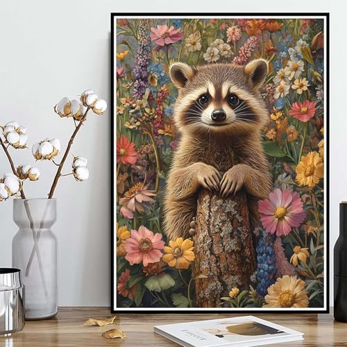 Diamond Painting Waschbär Diamond Painting XXL 90×120cm, 5D Crystal Art Blumen Muster DIY Runden Steine Vollbohrer Mosaik Bastelset Erwachsene für Zimmer Deko Wohnzimmer, Geschenke -ly2508250TZS von LUOLYYEI
