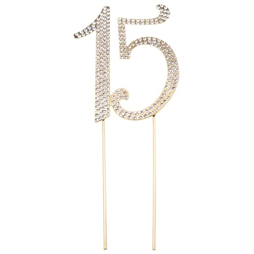 LUORNG Tortenaufsatz zum 15. Geburtstag, glitzernde Legierung, Strass, Kuchendekoration für 15. Geburtstag oder Jubiläumsfeier (Gold) von LUORNG