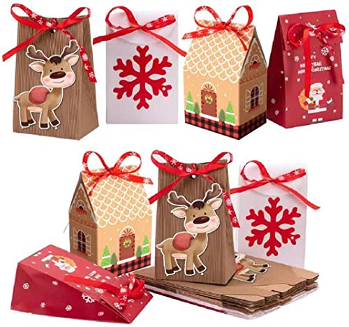 MonQi 24 Stücke Weihnachten Geschenktaschen Papiertüte mit 24 Weihnachtsbänder, Geschenktüten Kraftpapier Schokolade Süßigkeiten Geschenkbox Partytasche für Geburtstag(4 Stil) (24 Stücke) von LUOWAN