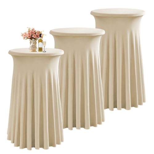 LUOZIQINX Stehtisch Hussen 80×110cm, Stretch Spandex Bistrotisch Tischrock, Runde Cocktail Tischdecke mit Rock für Party Hochzeit Banketttisch,Champagne,3pcs von LUOZIQINX