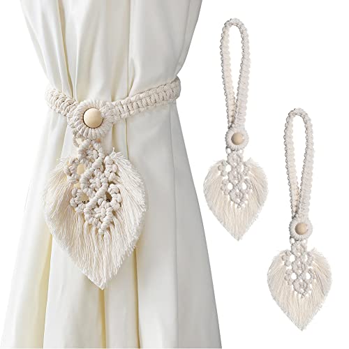 2 Stück Raffhalter Boho Vorhanghalter, Blätter Baumwolle Makramee Gardinenhalter, Gardinenhalter Vorhang Clips Feder Gardinenklammern für Vorhänge Gardinen Deko von LUPATDY